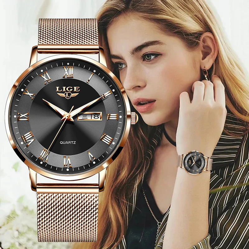 LIGE Women's Ultra-Thin Rose Gold Quartz Watch with Mesh Strap