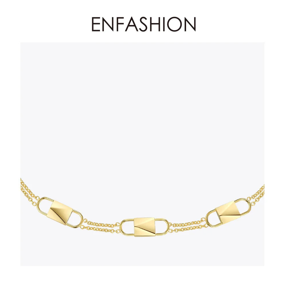 ENFASHION Lock Crystal Choker Necklace, Gold Stainless Steel P193037