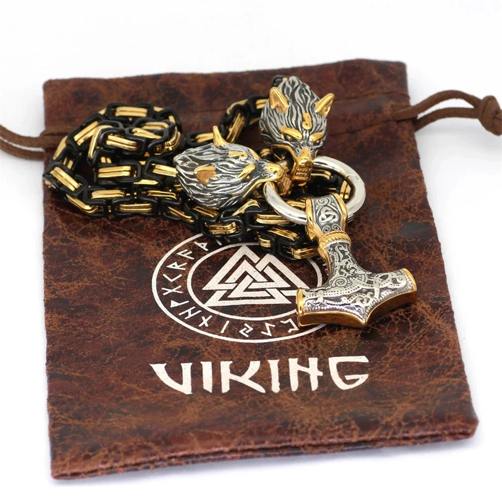 Viking Odin Thunder Hammer Wolf Head Necklaces Vegvisir Amulet MJOLNIR Pendant Norse Runes Anchor Titanium Steel Chain Jewelry