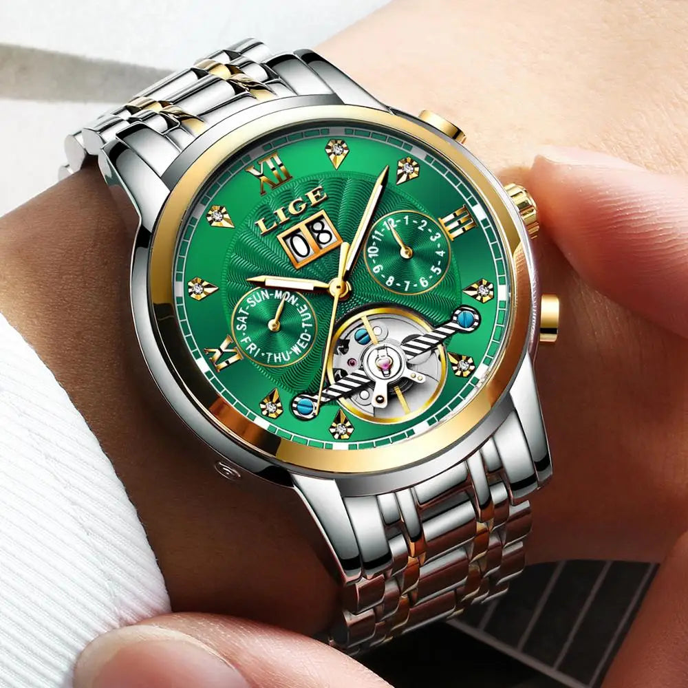 LIGE Men's Automatic Mechanical Tourbillon Watch - 9909