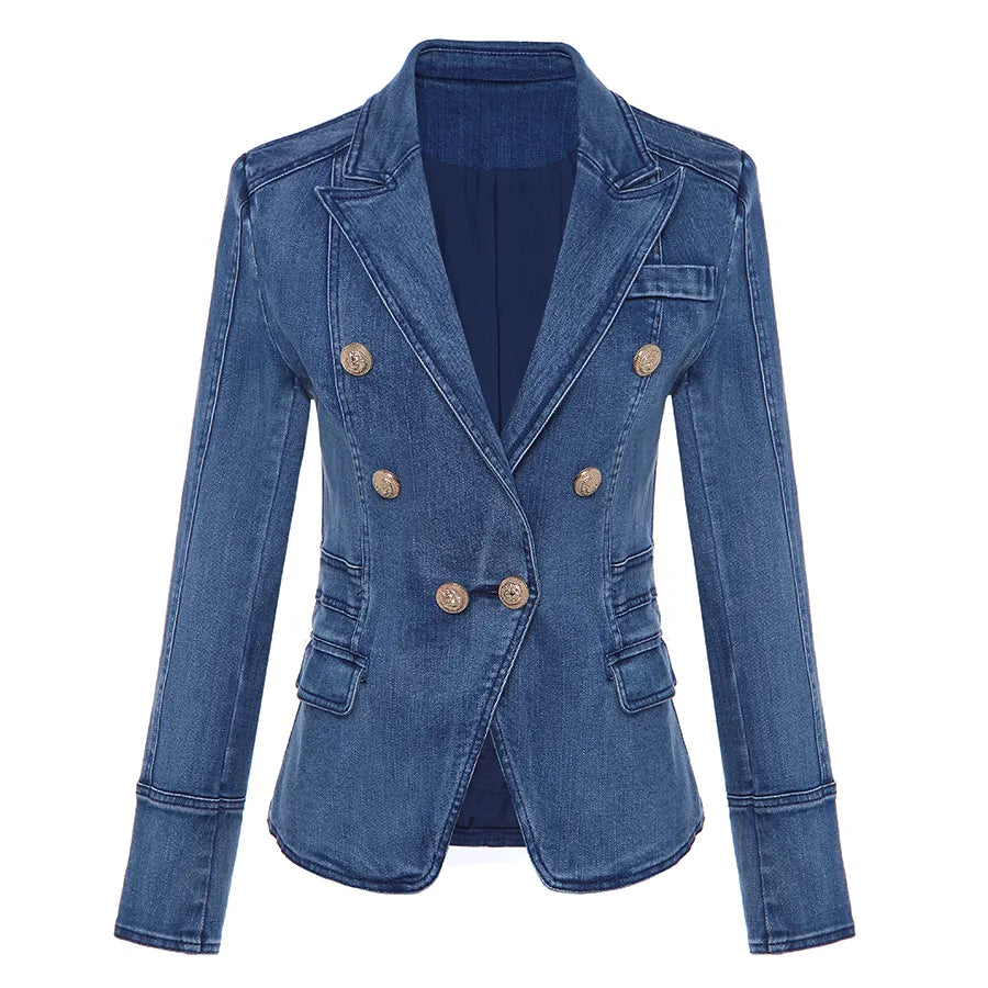High-Quality Designer Double-Breasted Denim Blazer Jacket for Women with Metal Lion Buttons