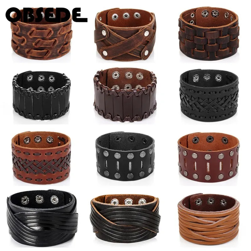 OBSEDE Fashion Wide Genuine Leather Bracelet for Men Brown Wide Cuff Bracelets & Bangle Wristband Vintage Punk Male Jewelry Gift