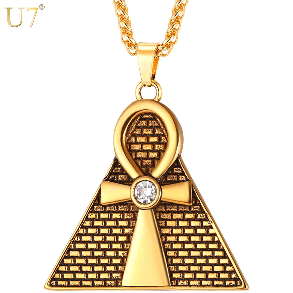 U7 Ancient Pyramid Ankh Egyptian Cross Pendant & Chain Necklace Men/Women Stainless Steel Rhinestone Necklaces Jewelry P1097