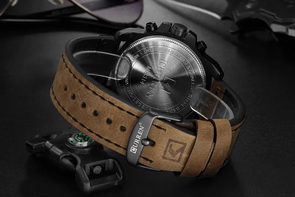 CURREN Men's Chronograph Quartz Watch: Waterproof, Sporty, Genuine Leather. - 8314