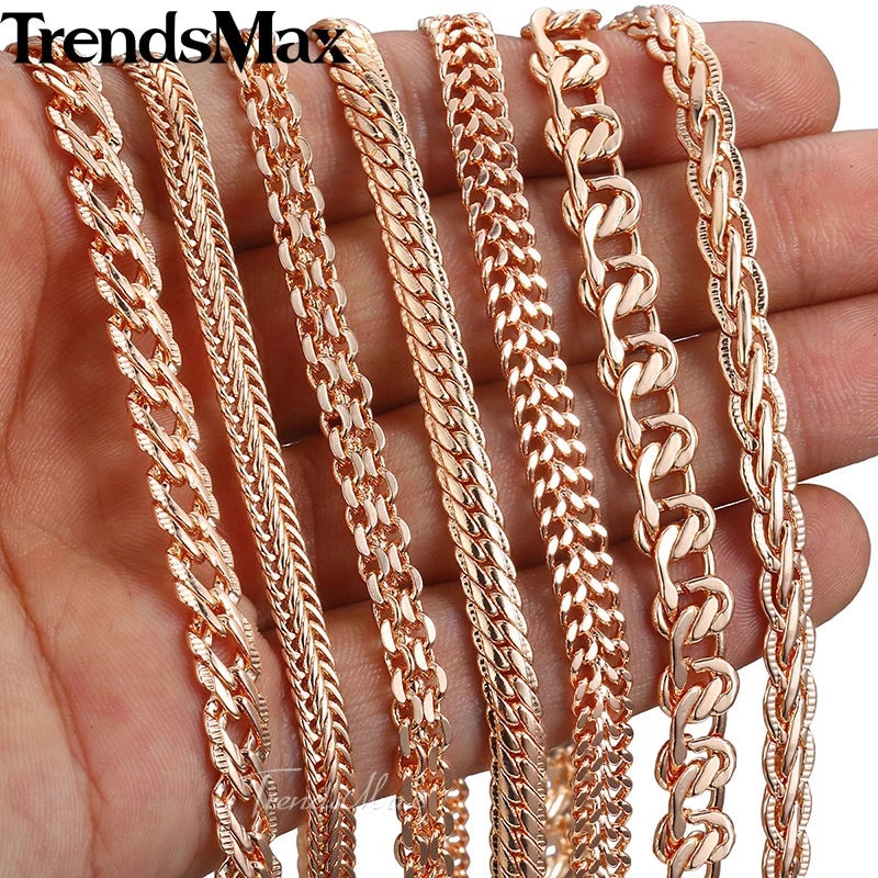 Set of 7 Necklaces: 585 Rose Gold Color Curb Weaving Chains, 50cm and 60cm Lengths for Men and Women