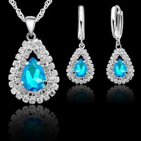 Blue Crystal 925 Silver Necklace and Hoop Earring Set