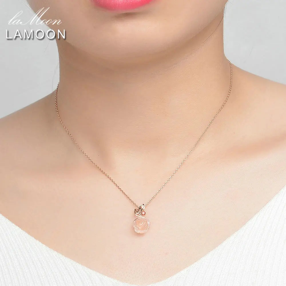 LAMOON Rose Flower 925 Silver Rose Quartz Necklace LMNI025