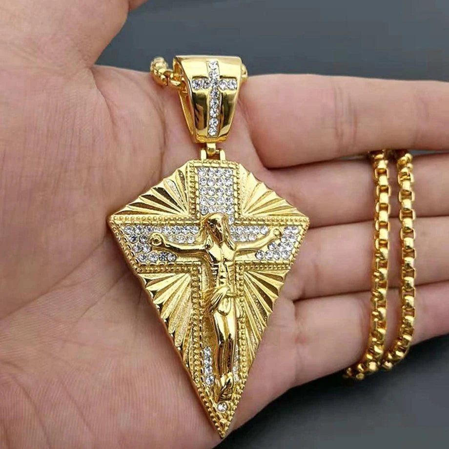 Men's Necklace Big Jesus Cross Pendant & Chain Mens Gold Color Stainless Steel Crucifix Necklaces Man Iced Out Bling Jewelry