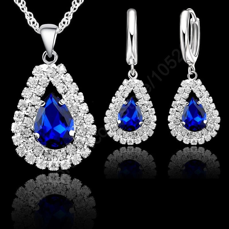 Blue Crystal 925 Silver Necklace and Hoop Earring Set