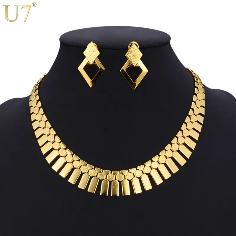 U7 Hyperbole Gold Color Earring Necklace 2pcs/set Women Geometry Charms Luxury Fashion Ethiopian African Dubai Costume Jewelry