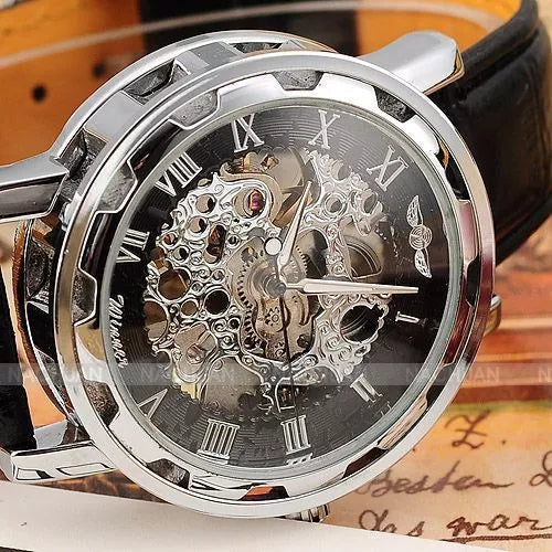 Skeleton Hollow Mechanical Hand Wind Men's Wrist Watch with Leather Strap