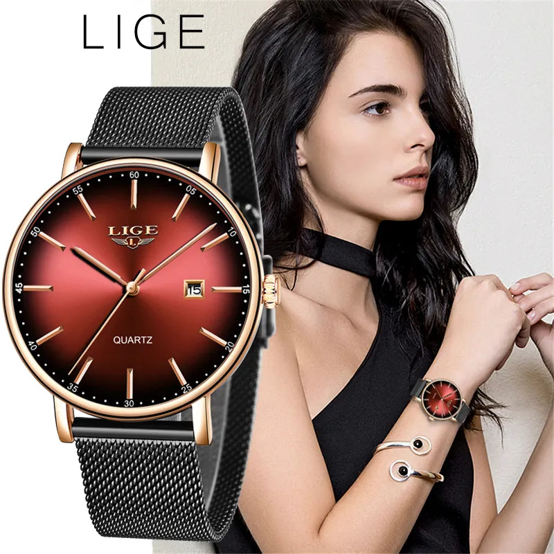 LIGE Women's Ultra-thin Mesh Belt Quartz Watch - 9934