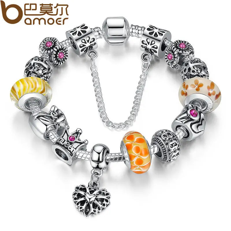 BAMOER Queen Jewelry Silver Plated Charms Bracelet & Bangles With Queen Crown Beads Bracelet for Women PA1823