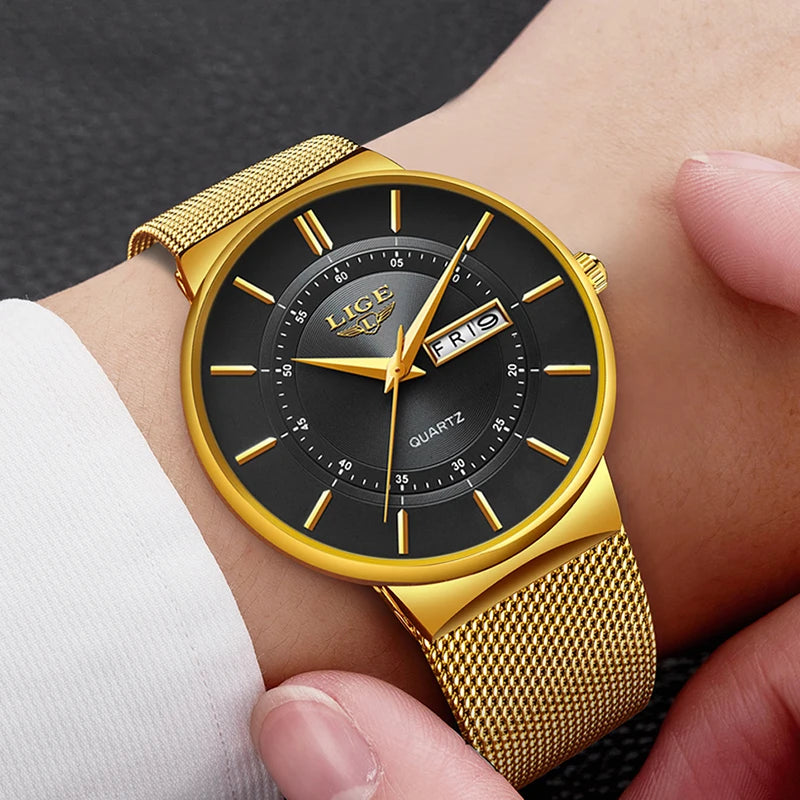 LIGE 2023 Men's Ultra Thin Quartz Watch with Steel Mesh Strap