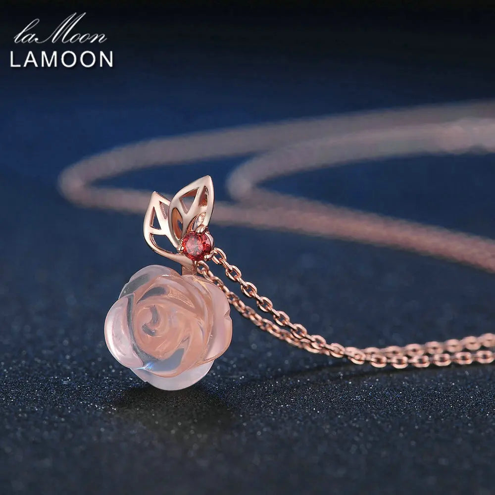 LAMOON Rose Flower 925 Silver Rose Quartz Necklace LMNI025