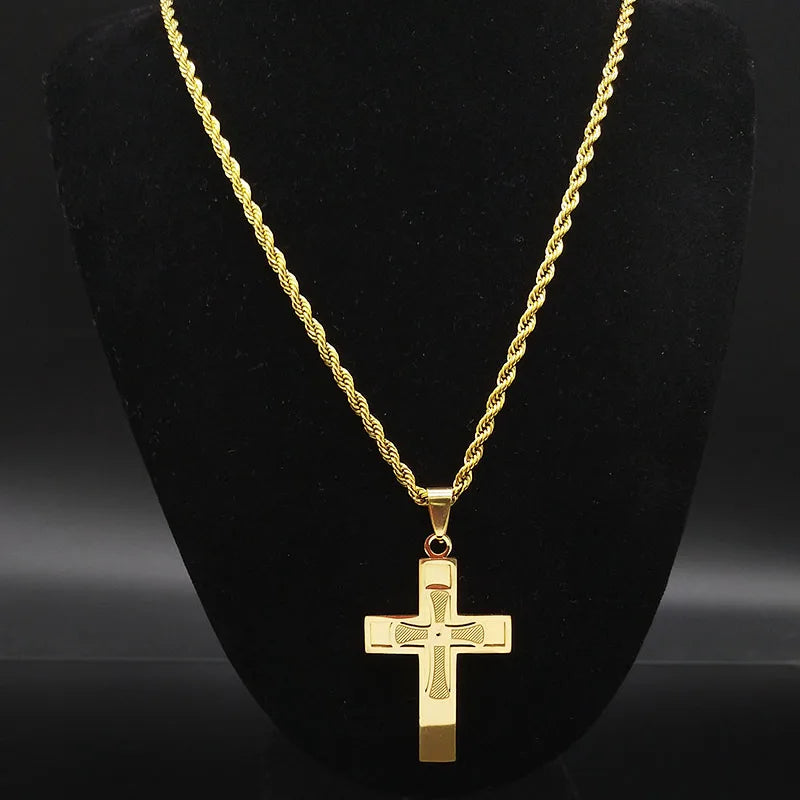 Big Cross Jesus Stainless Steel Necklace, Gold Long Chain