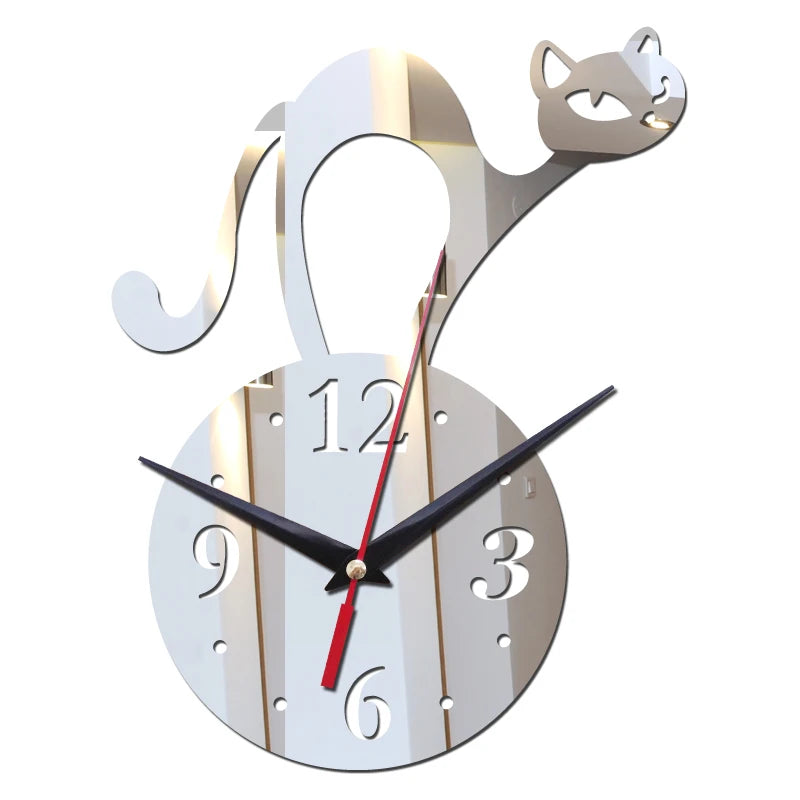 Wall Clocks Acrylic Material DIY Brief Style Cat Decoration Home Living Room Sticker Single Face Needle Quartz Watches