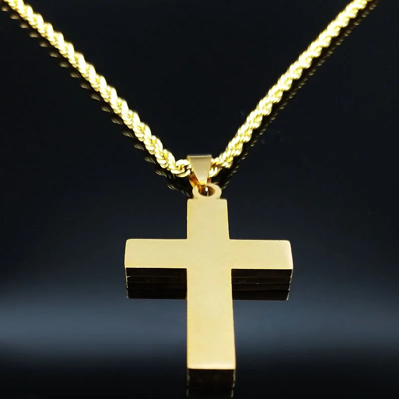 Big Cross Jesus Stainless Steel Necklace, Gold Long Chain