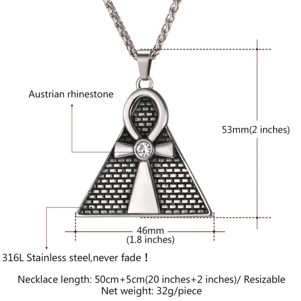 U7 Ancient Pyramid Ankh Egyptian Cross Pendant & Chain Necklace Men/Women Stainless Steel Rhinestone Necklaces Jewelry P1097