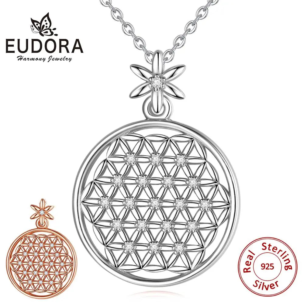 EUDORA 925 Silver Flower of Life Pendant Necklace
