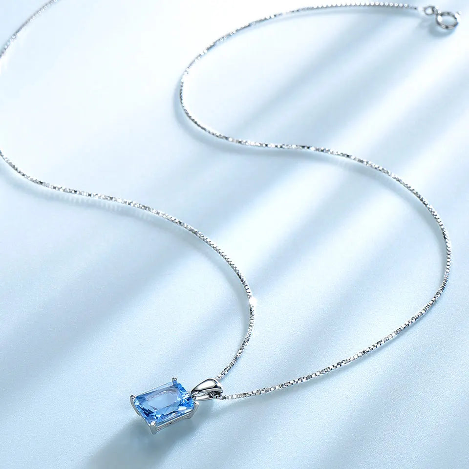 UMCHO Gemstone Nano Blue Topaz Pendants Necklaces for Women Brand Fine Jewelry Genuine 925 Sterling Silver Square Party Jewelry