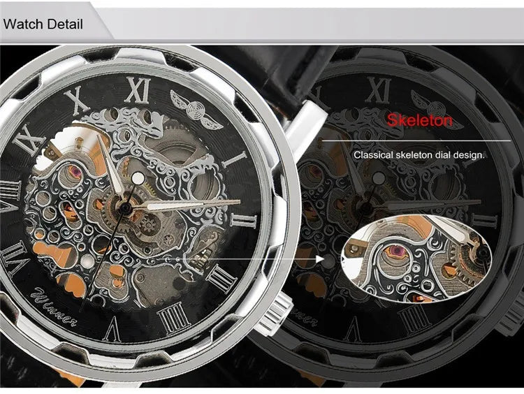 Skeleton Hollow Mechanical Hand Wind Men's Wrist Watch with Leather Strap