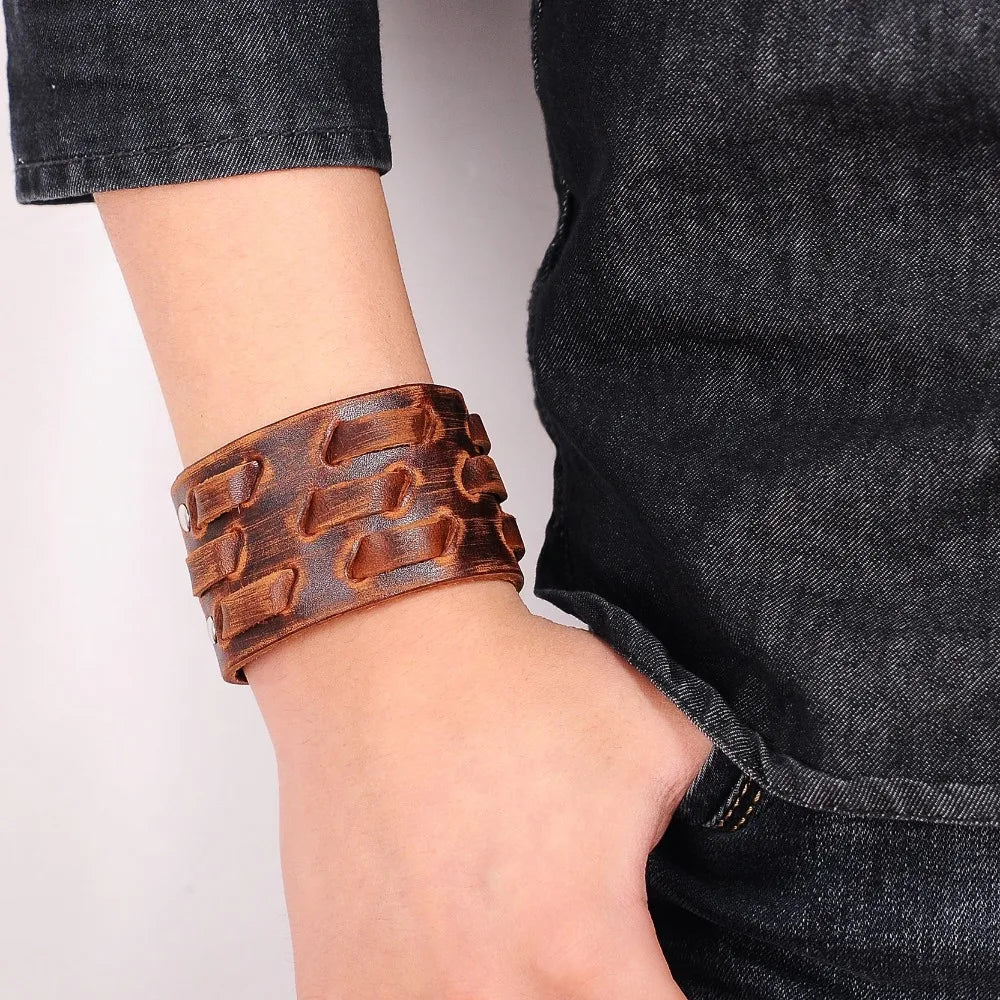 OBSEDE Fashion Wide Genuine Leather Bracelet for Men Brown Wide Cuff Bracelets & Bangle Wristband Vintage Punk Male Jewelry Gift