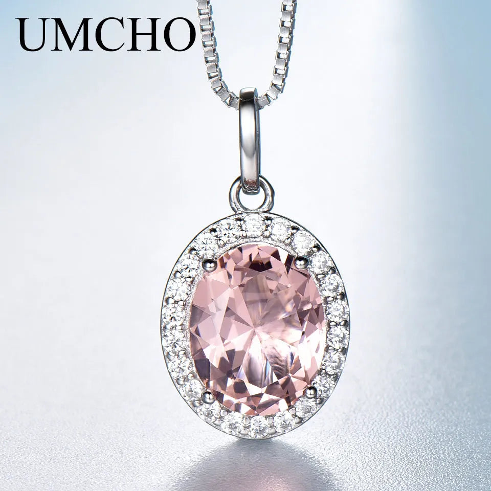 UMCHO Luxury Pink Sapphire Morganite Pendant For Women Real 925 Sterling Silver Necklaces Link Chain Jewelry Engagement Gift New