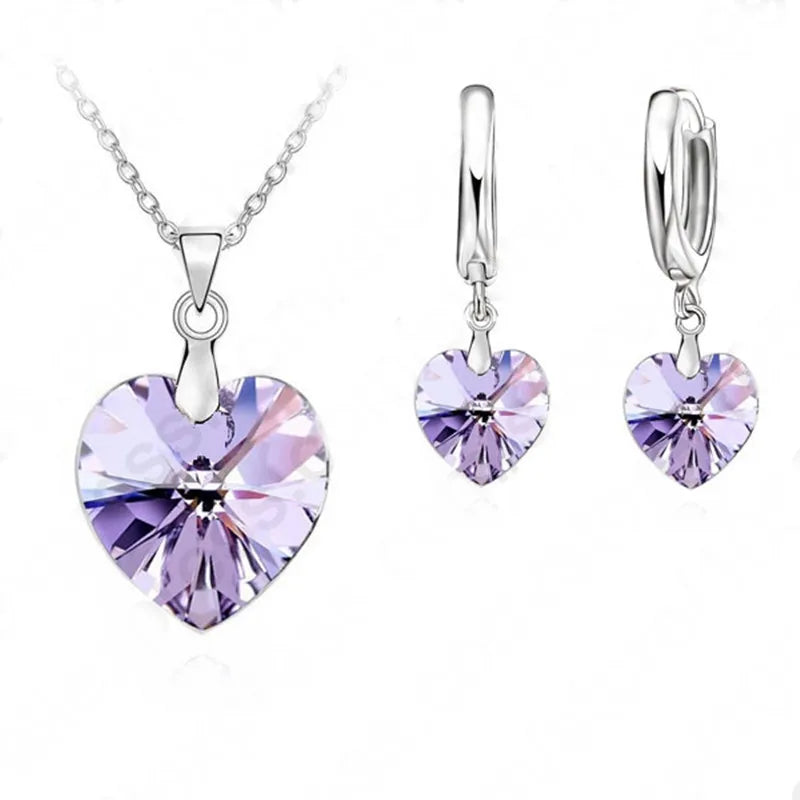 One Set  Austrian Crystal 925 Sterling Silver Jewelry Heart Pendant Necklaces Lever Back Earrings Woman Accessories Gift