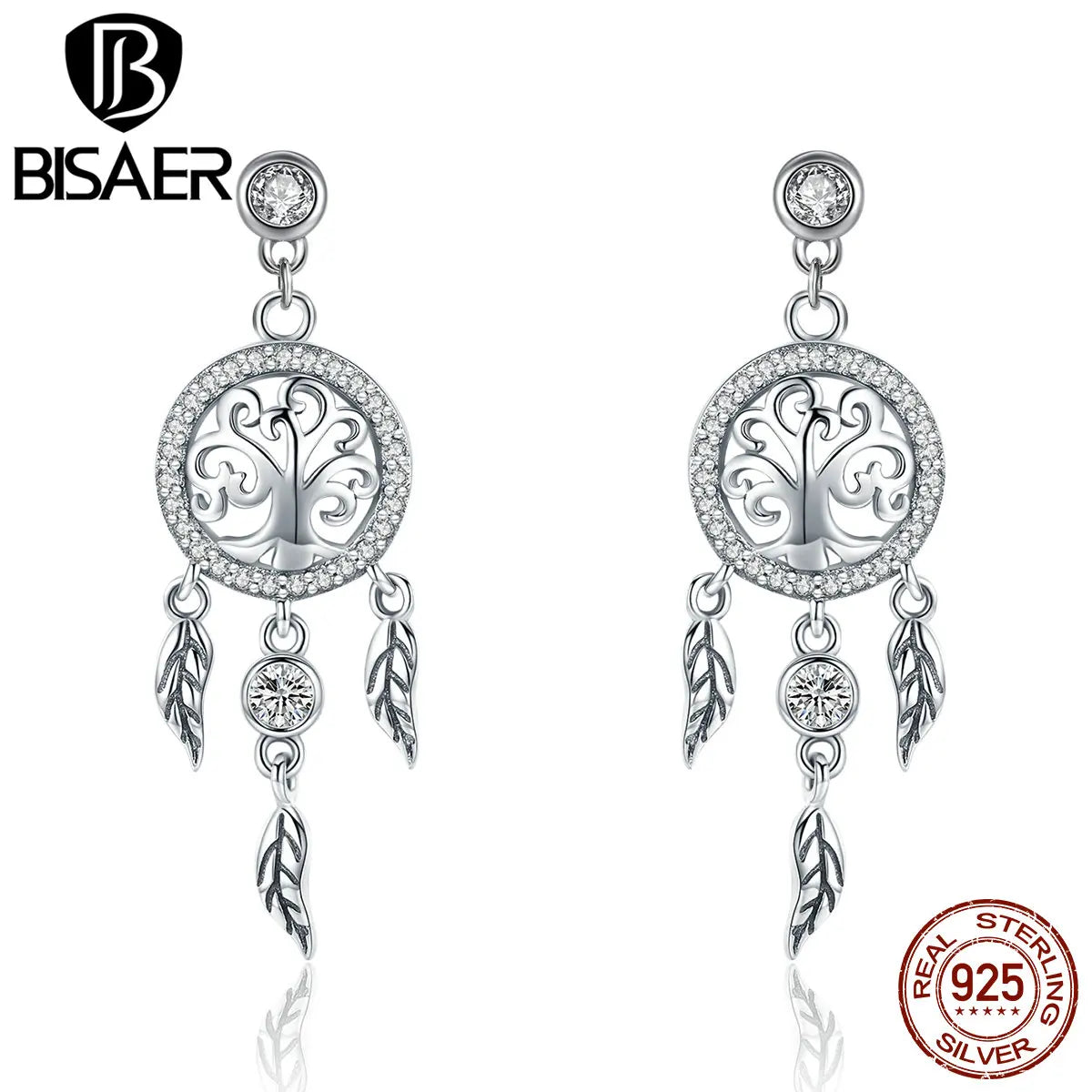 BISAER Vintage 925 Silver Dream Catcher Necklace and Earring Set