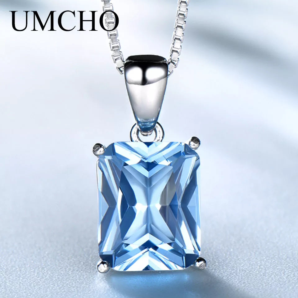 UMCHO Gemstone Nano Blue Topaz Pendants Necklaces for Women Brand Fine Jewelry Genuine 925 Sterling Silver Square Party Jewelry