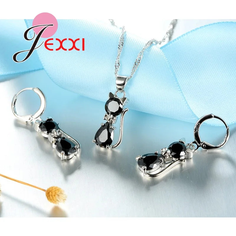 925 Sterling Silver Cat Necklace and Hoop Earrings with Cubic Zirconia