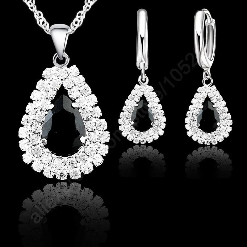 Blue Crystal 925 Silver Necklace and Hoop Earring Set