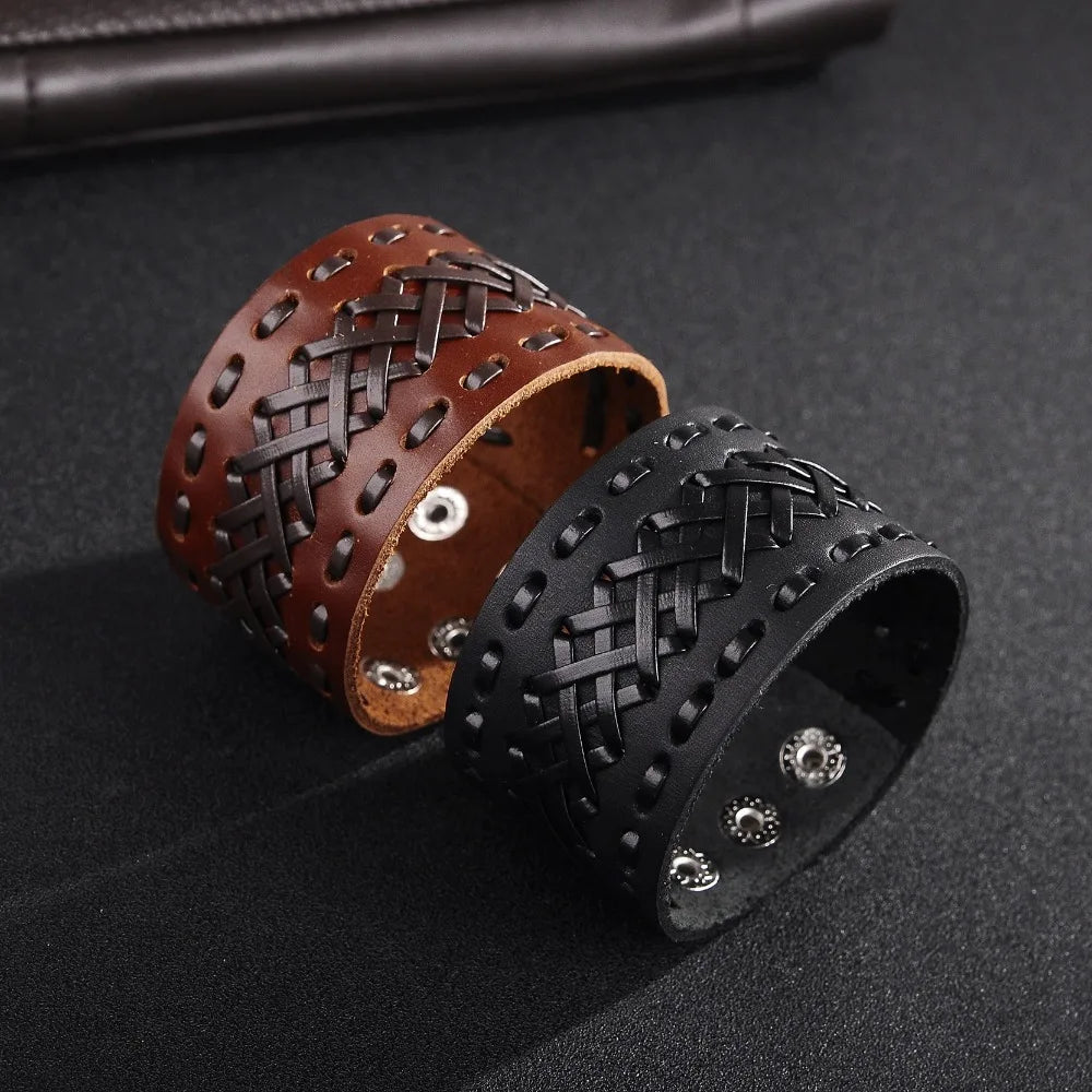 OBSEDE Fashion Wide Genuine Leather Bracelet for Men Brown Wide Cuff Bracelets & Bangle Wristband Vintage Punk Male Jewelry Gift