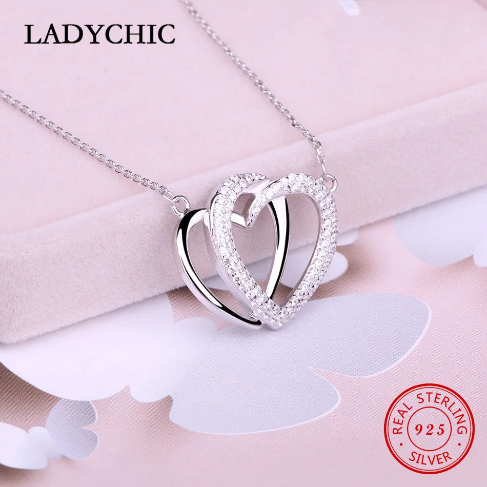 LADYCHIC Double Heart 925 Silver Pendant Necklace