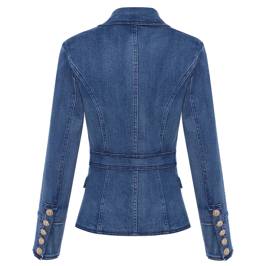 High-Quality Designer Double-Breasted Denim Blazer Jacket for Women with Metal Lion Buttons