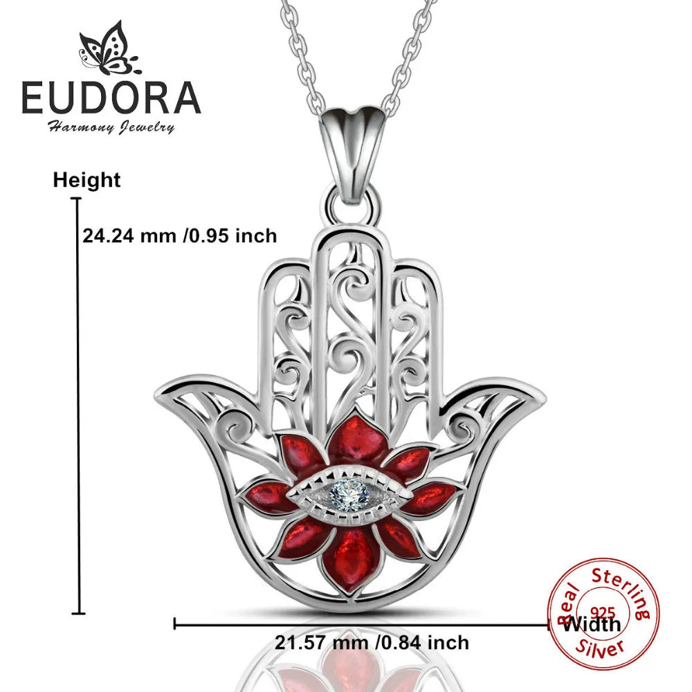EUDORA 925 Silver Evil Eye Hamsa Necklace, 18" Chain KSYD069