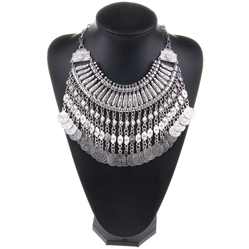 New Vintage American Silver Color Vintage Round Zinc Coin Tassels Choker statement necklaces & Pendants Collar women Jewelry