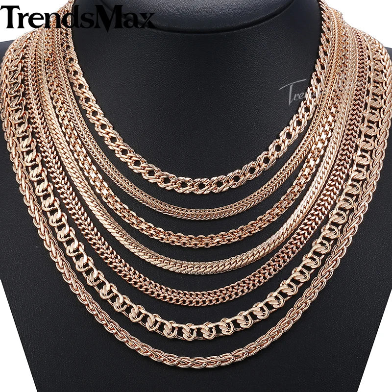 Set of 7 Necklaces: 585 Rose Gold Color Curb Weaving Chains, 50cm and 60cm Lengths for Men and Women