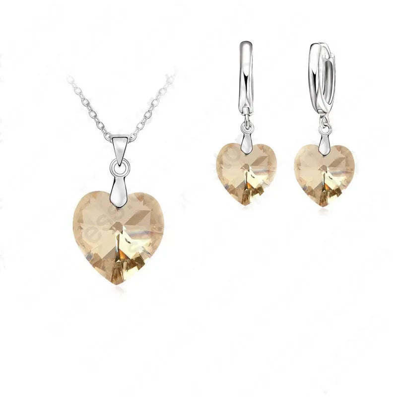 One Set  Austrian Crystal 925 Sterling Silver Jewelry Heart Pendant Necklaces Lever Back Earrings Woman Accessories Gift