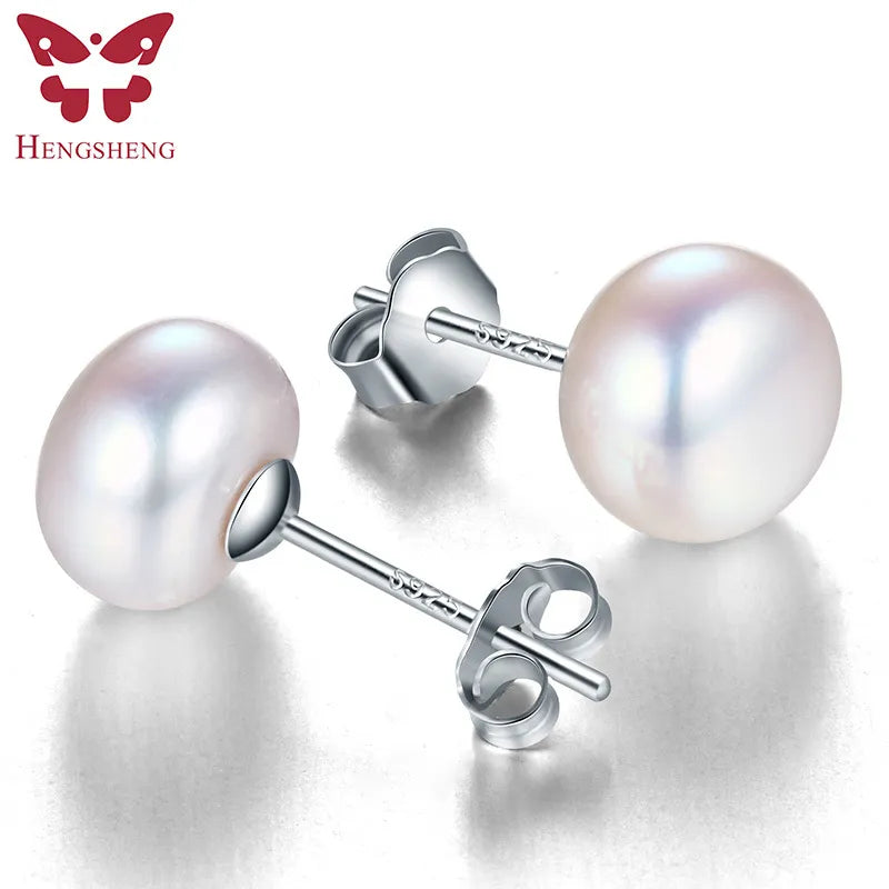 freshwater white pearl stud earrings for women, packaged in a gift box.