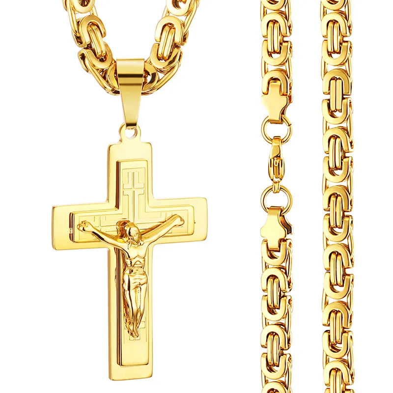 Jesus Cross Byzantine Chain Stainless Steel Necklace
