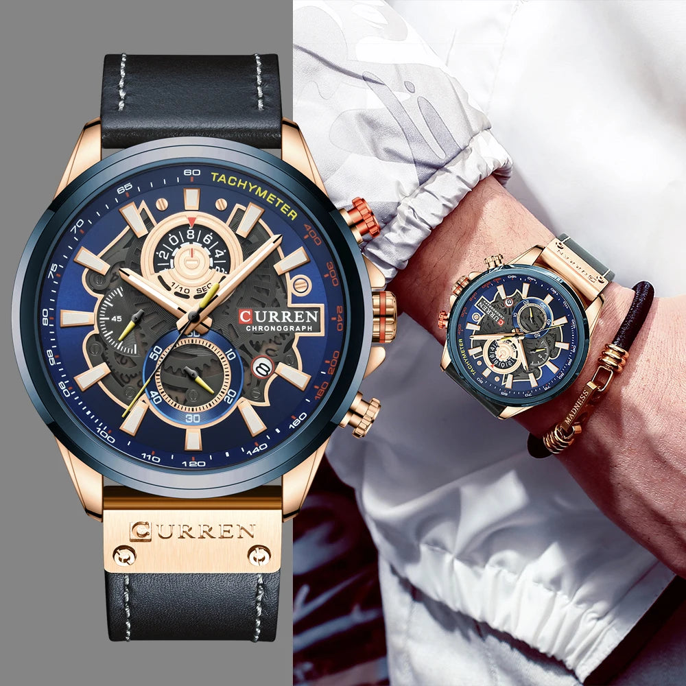 CURREN Men's Luxury Casual Leather Sport Chronograph Watch - 8380