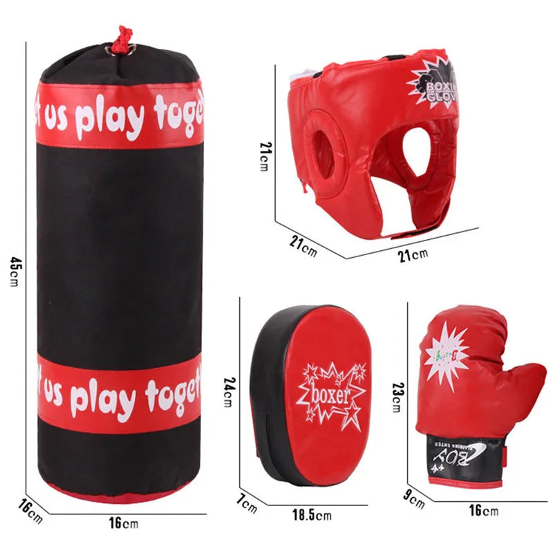 PU Leather Boxing Set Including Boxing Gloves Kids Punching Bag EVA Padding Head Protector Decompression Sandbag Kit Equipment