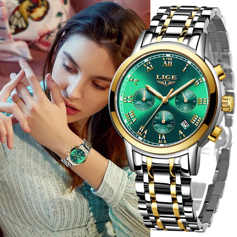 LIGE Rose Gold Watches for Women: Quartz Wristwatch with Waterproof Bracelet Design