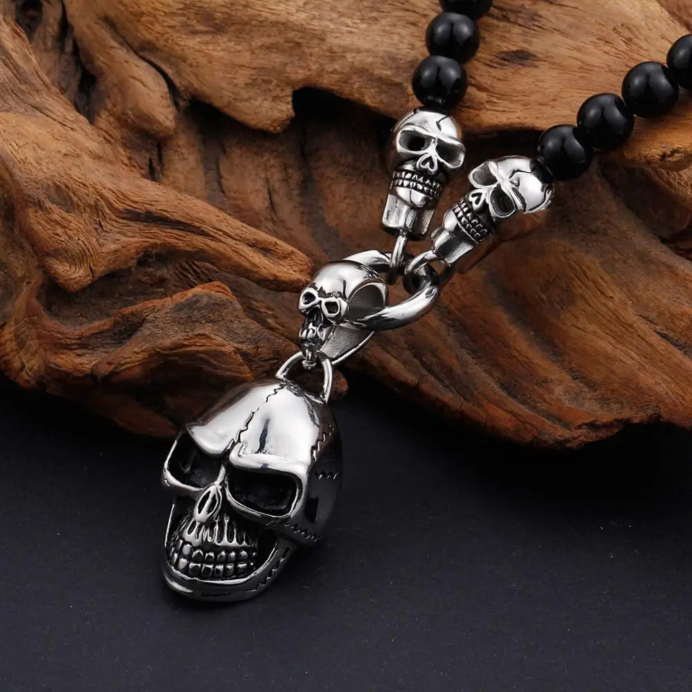 Fongten Glass Rosary Bead Skull Pendant Necklace for Men