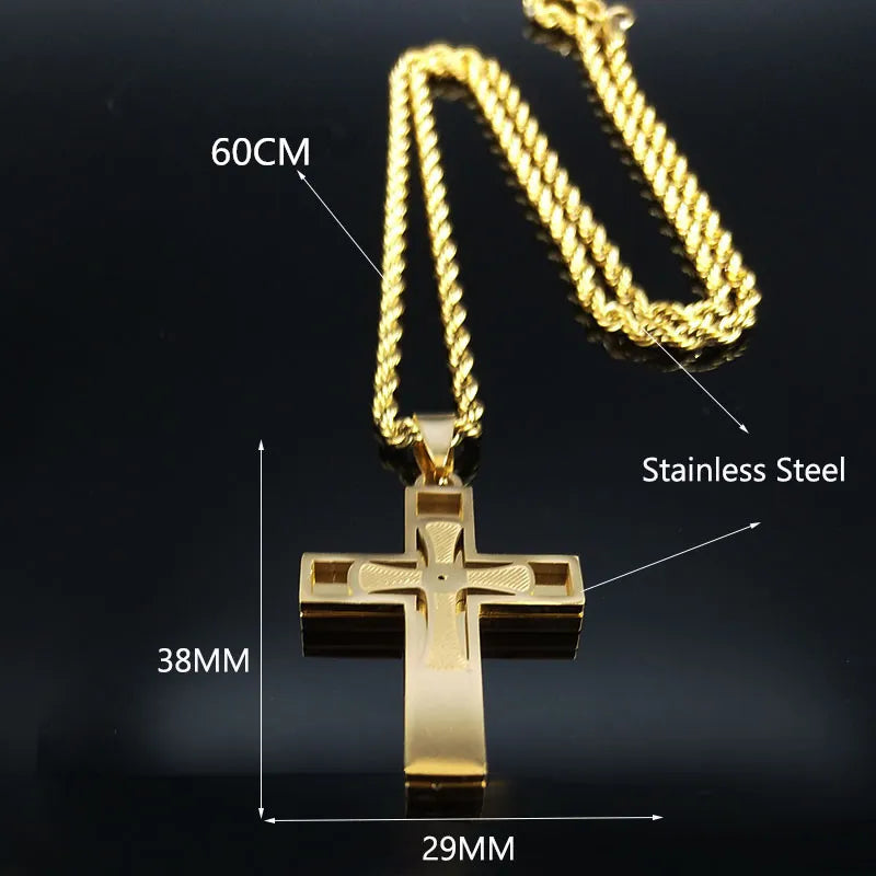 Big Cross Jesus Stainless Steel Necklace, Gold Long Chain