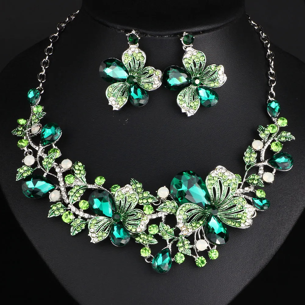 Wedding Jewelry Set with Color Crystal Rhinestones, Necklace and Earrings