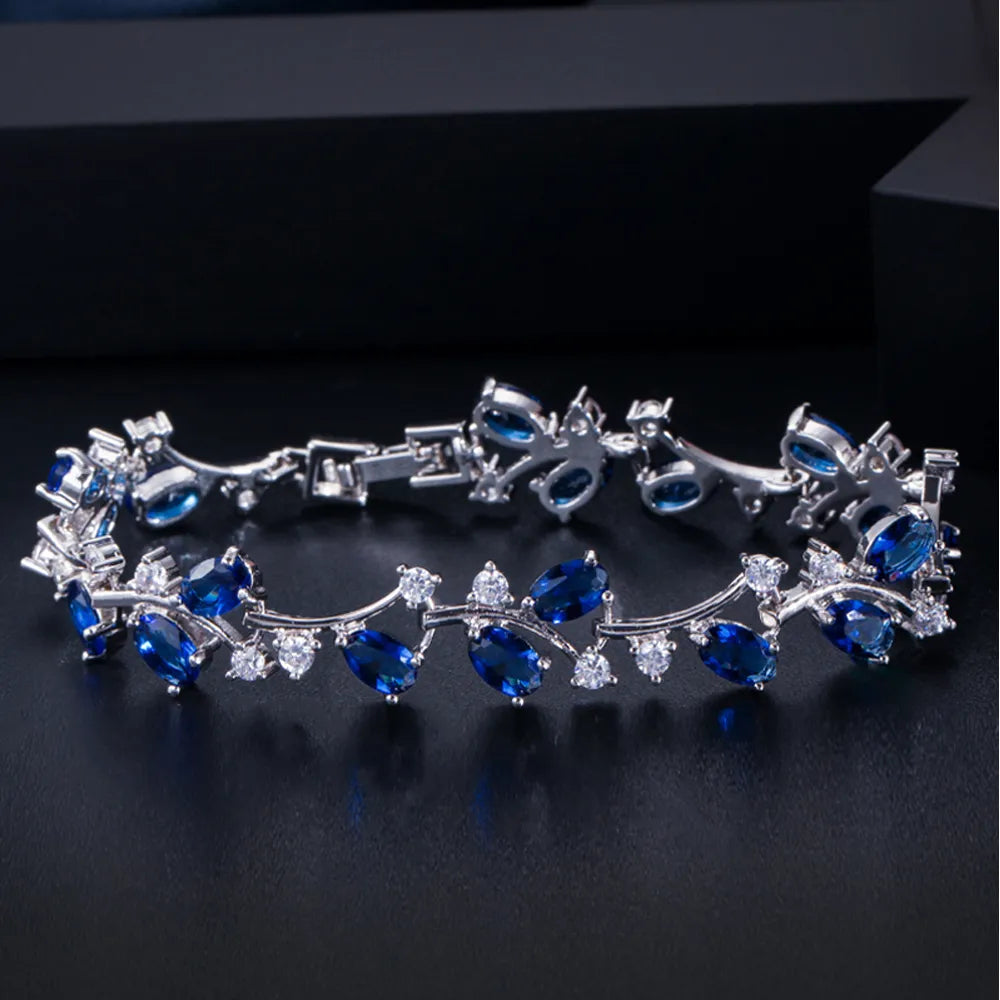 ThreeGraces Silver Leaf and Flower Cubic Zirconia Bridal Bracelet