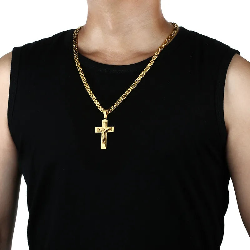 Jesus Cross Byzantine Chain Stainless Steel Necklace